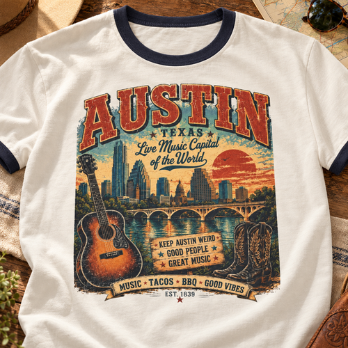 Austin Texas Guitar Vintage Ringer T-Shirt — layflat lifestyle mockup