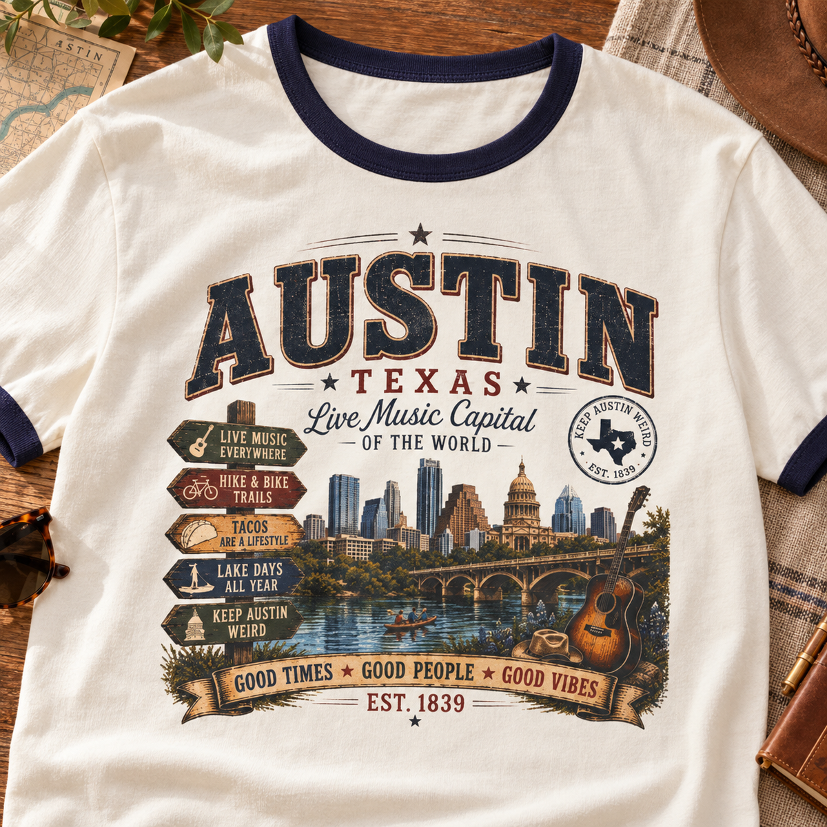Austin Texas Skyline Vintage Ringer T-Shirt — layflat lifestyle mockup
