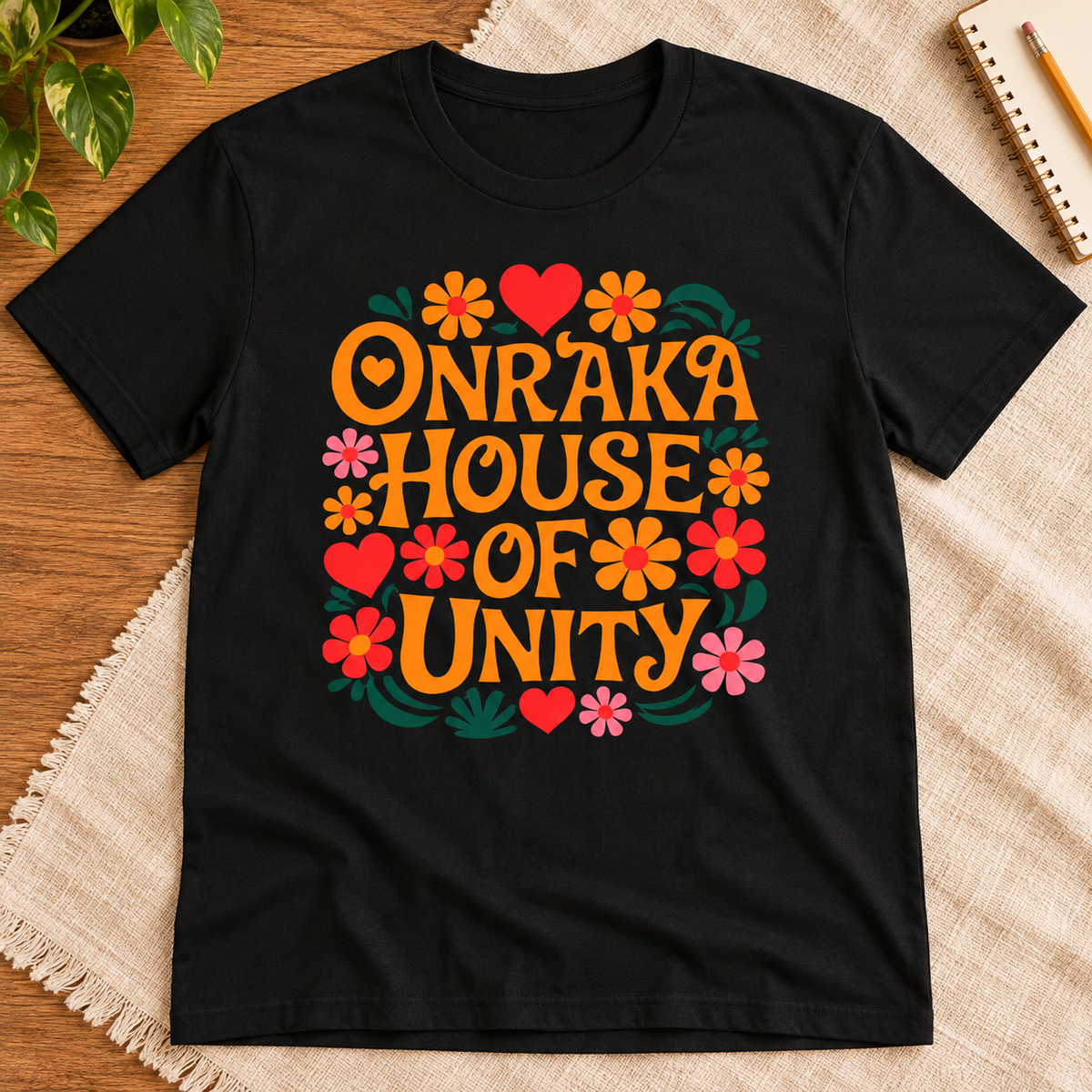 Ron Clark Onraka Shirt | Orange Squad House of Unity Tee — layflat lifestyle mockup