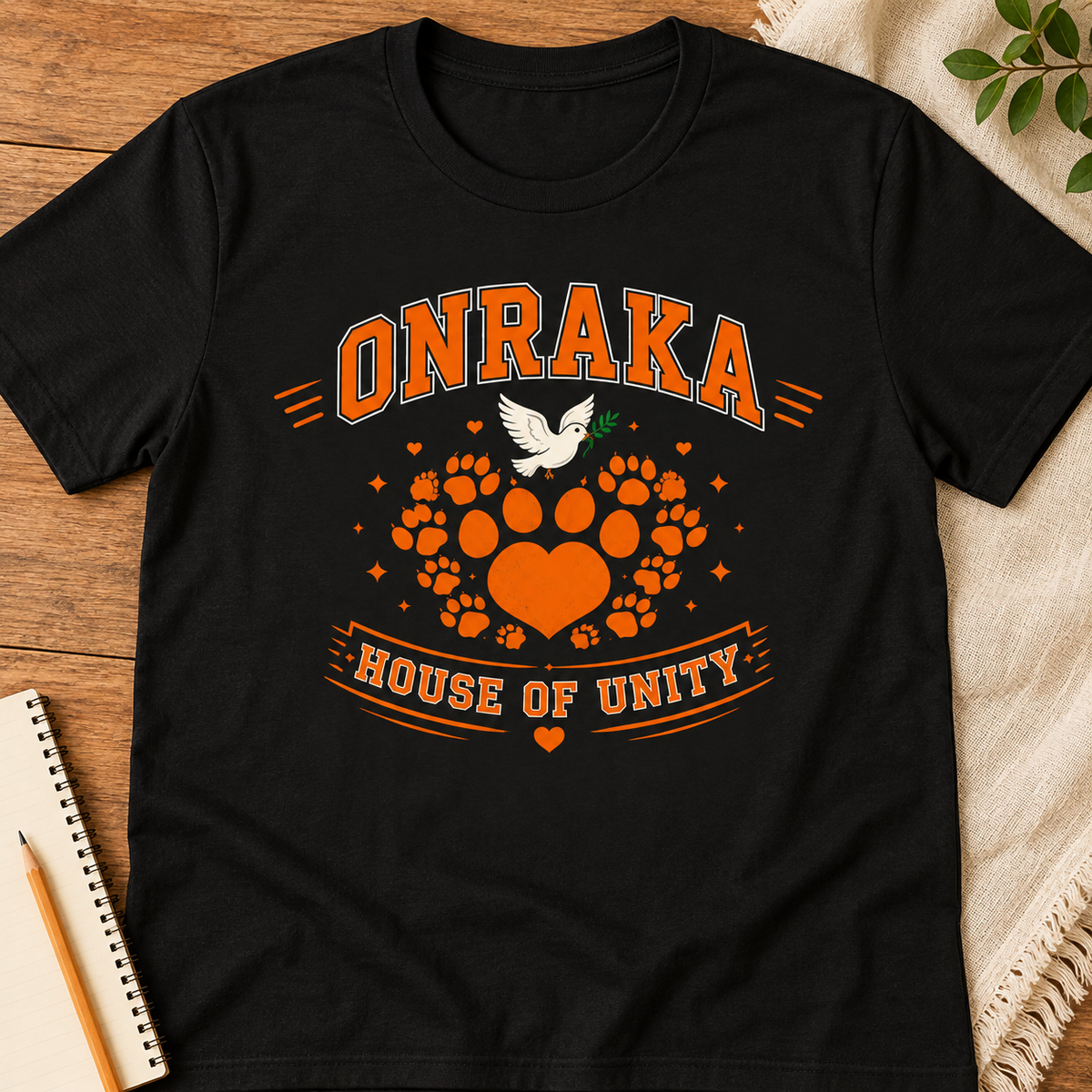 Ron Clark Onraka Unity Dove Shirt | Orange Squad Tee — layflat lifestyle mockup
