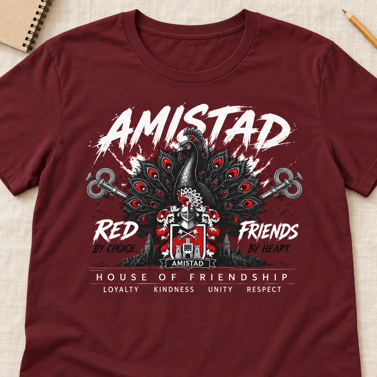 Ron Clark Amistad Shield Shirt | Red Squad Tee — layflat lifestyle mockup