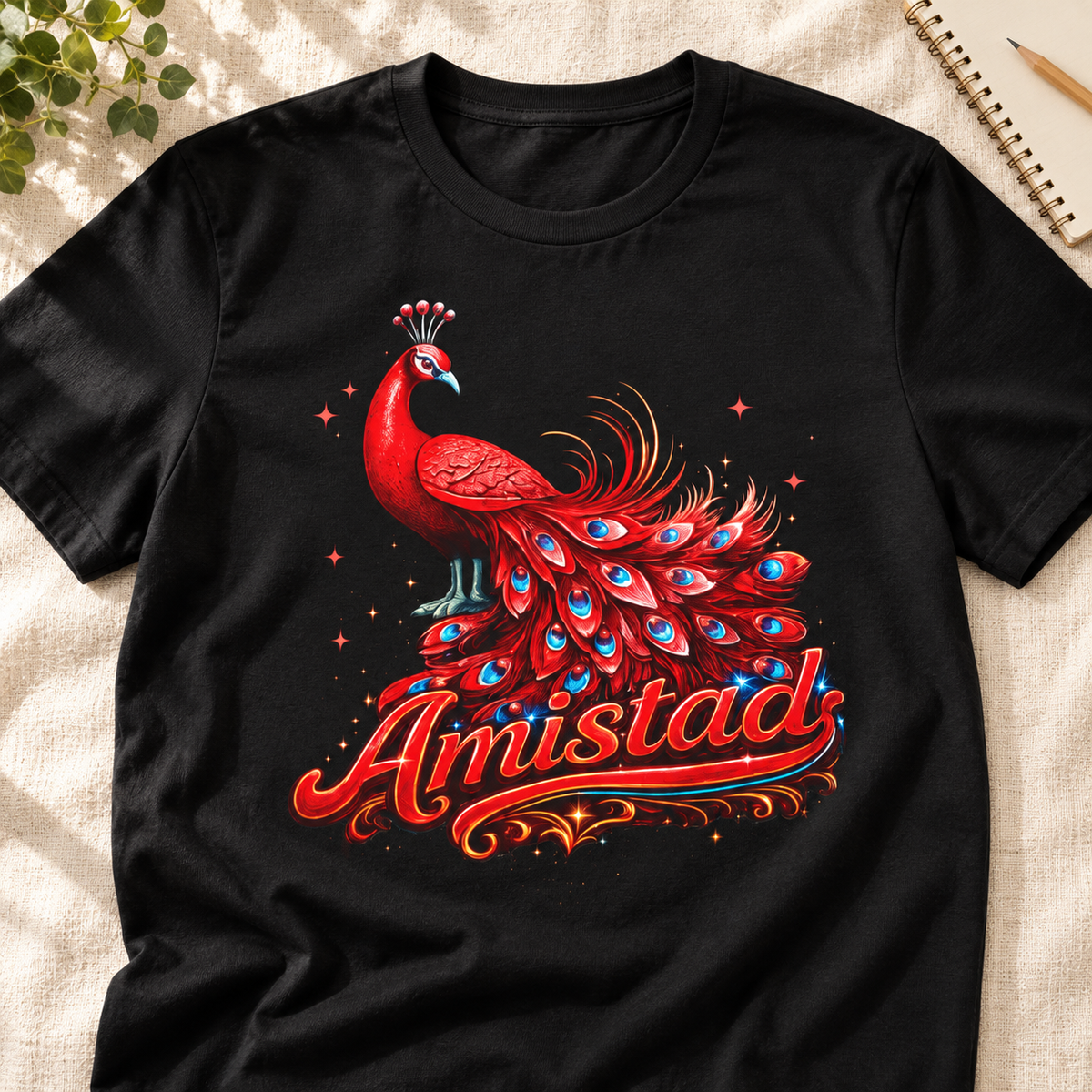 Ron Clark Amistad Peacock Shirt | Red Squad Tee — layflat lifestyle mockup