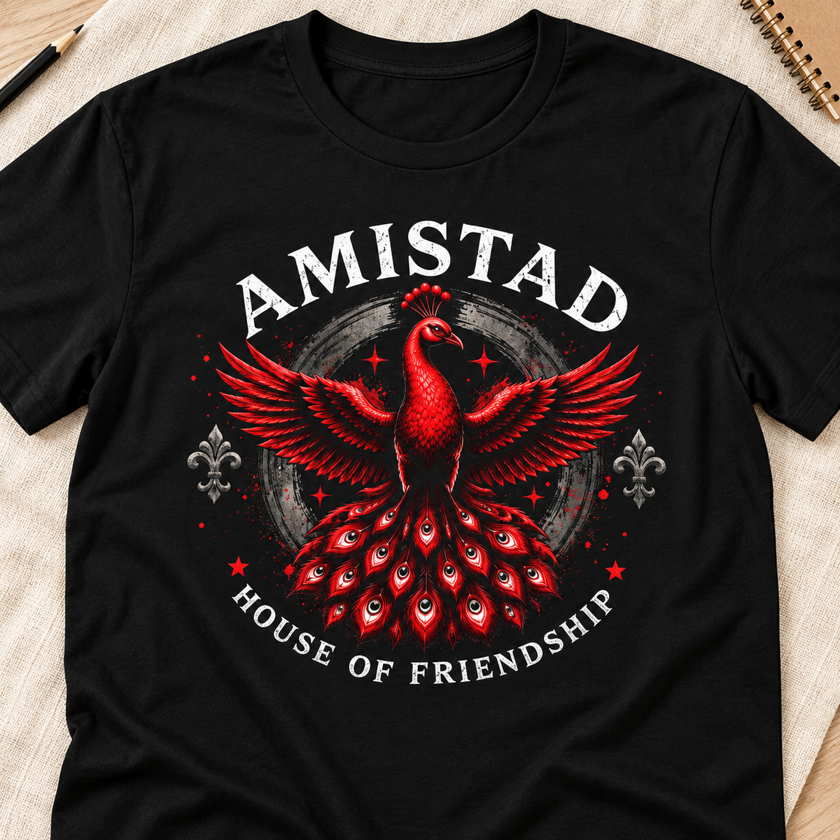 Ron Clark Amistad Phoenix Shirt | Red Squad Tee — layflat lifestyle mockup