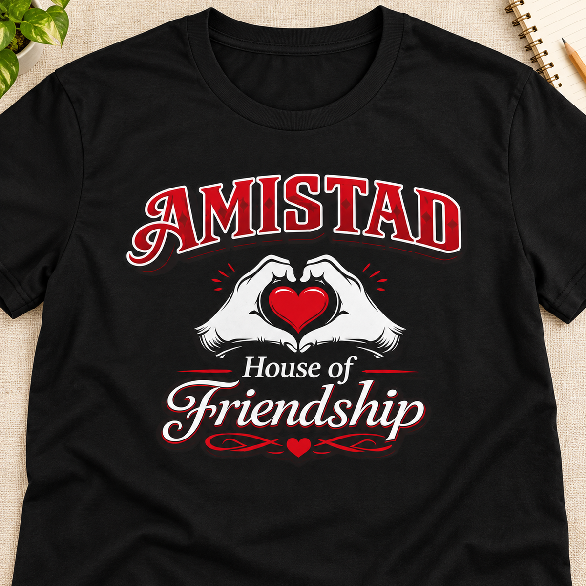 Ron Clark Amistad Shirt | Red Squad House of Friendship Tee — layflat lifestyle mockup