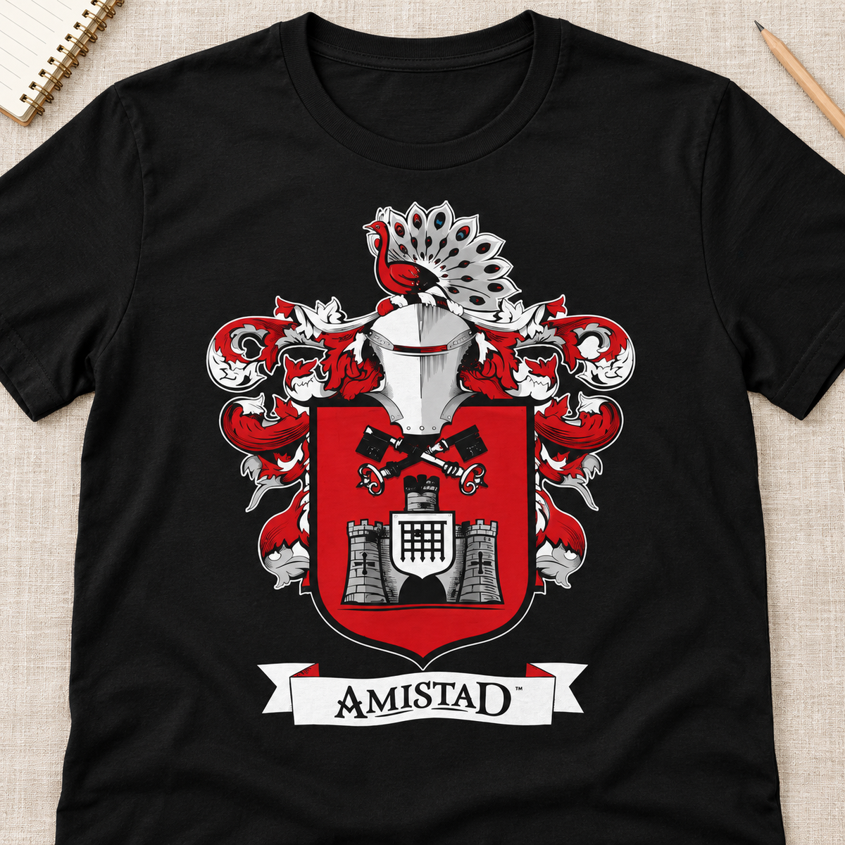 Ron Clark Amistad Shield Shirt | Red Squad Emblem Tee — layflat lifestyle mockup