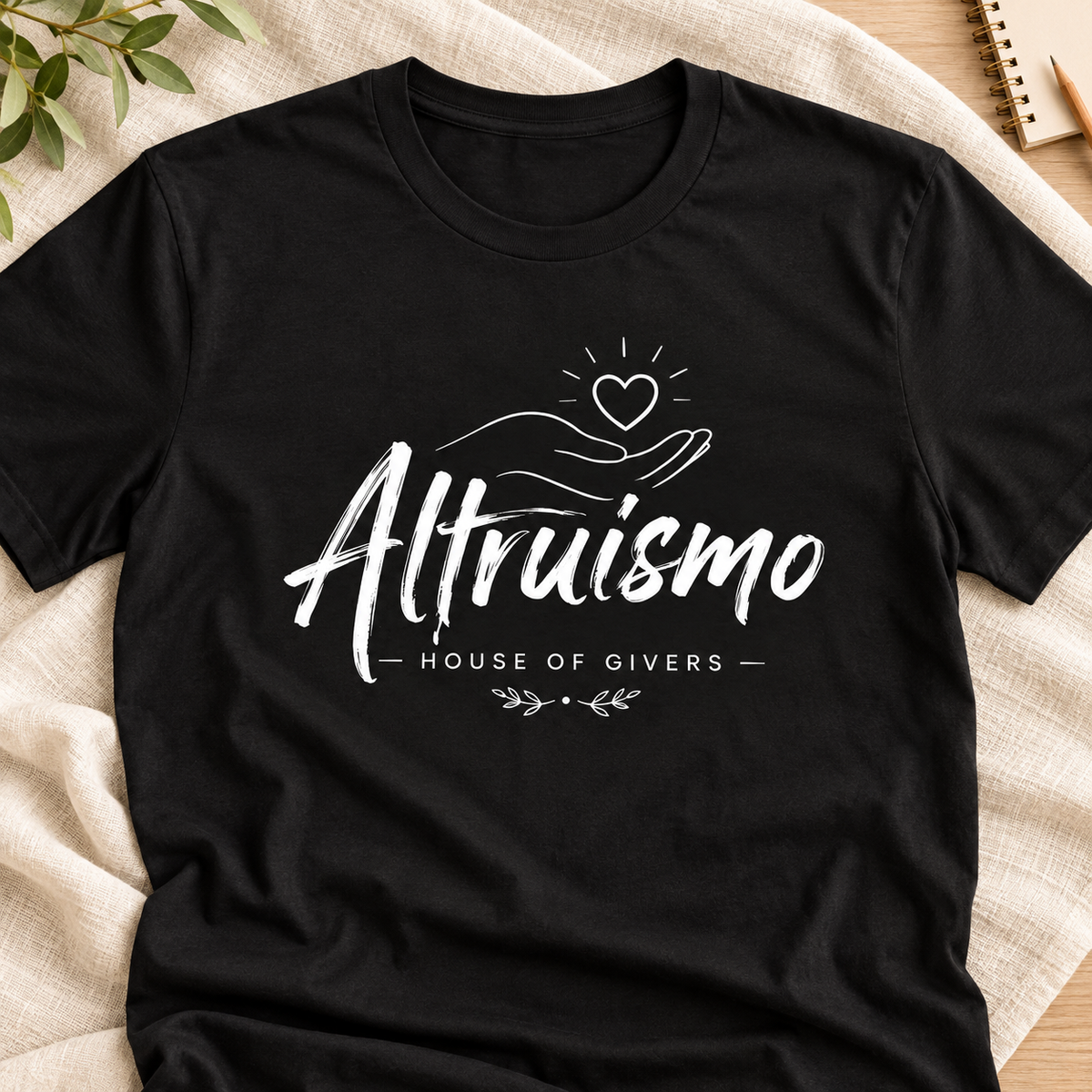 Ron Clark Altruismo Giving Hand T-Shirt — layflat lifestyle mockup