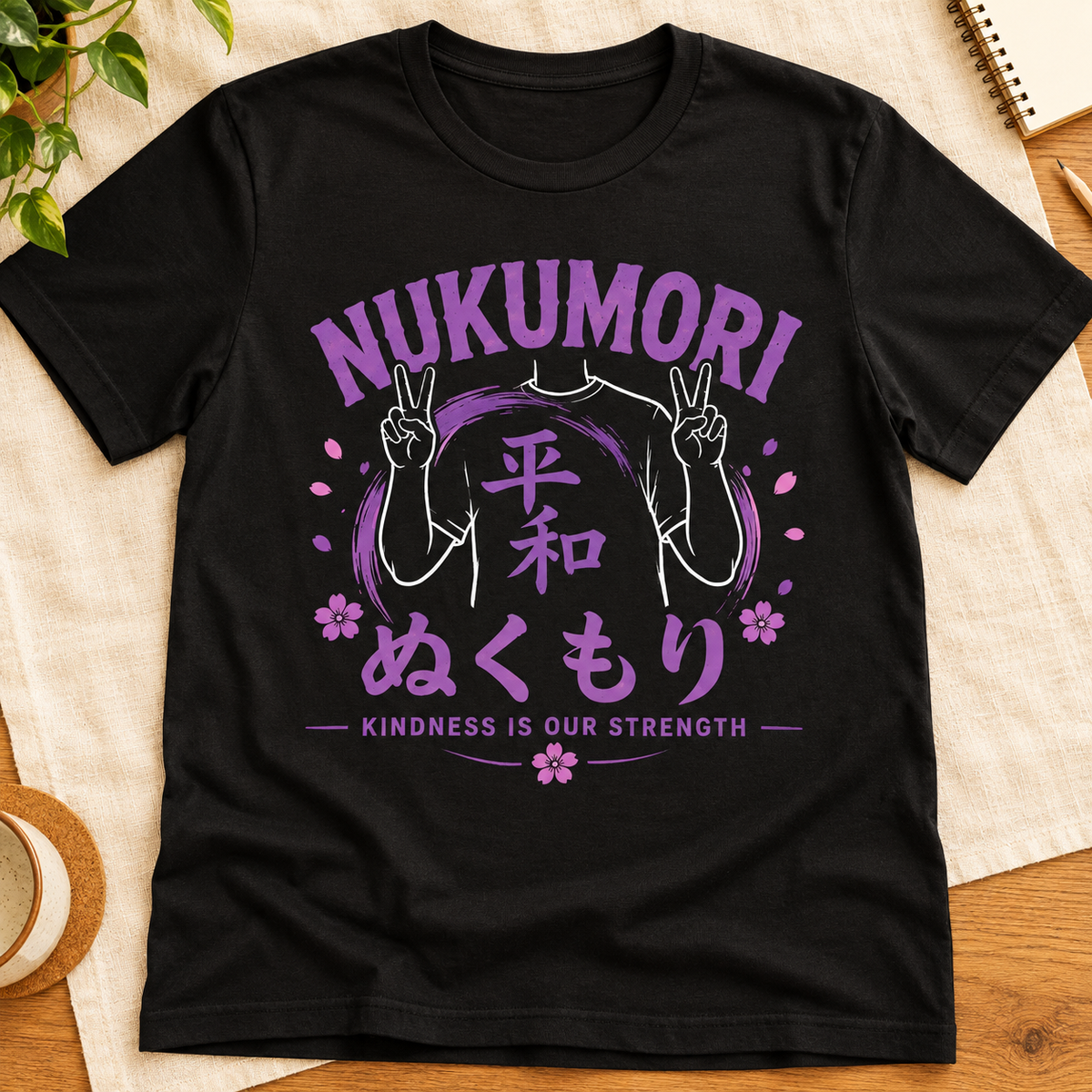 Ron Clark Nukumori: Kindness & Strength T-Shirt — layflat lifestyle mockup