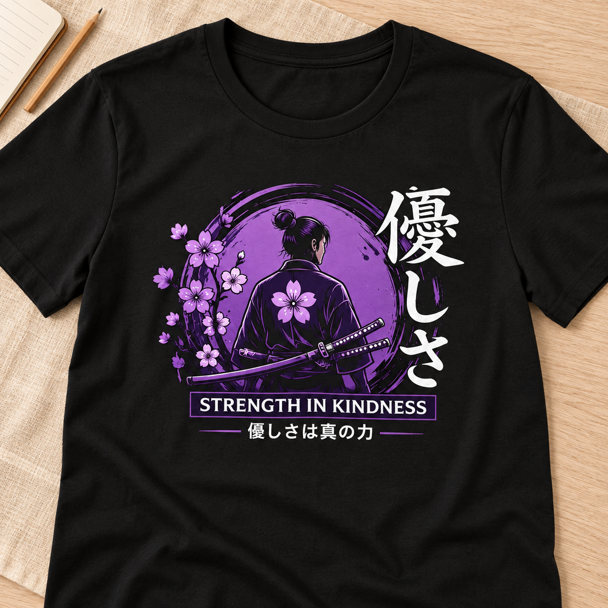 Ron Clark Nukumori Samurai T-Shirt — layflat lifestyle mockup