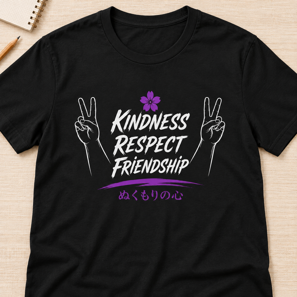 Ron Clark Nukumori Peace T-Shirt — layflat lifestyle mockup