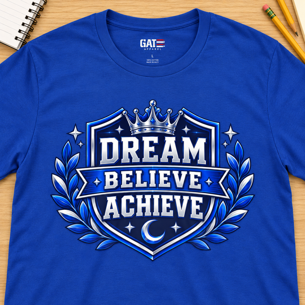 Ron Clark Reveur: Dream Believe Achieve T-Shirt — layflat lifestyle mockup