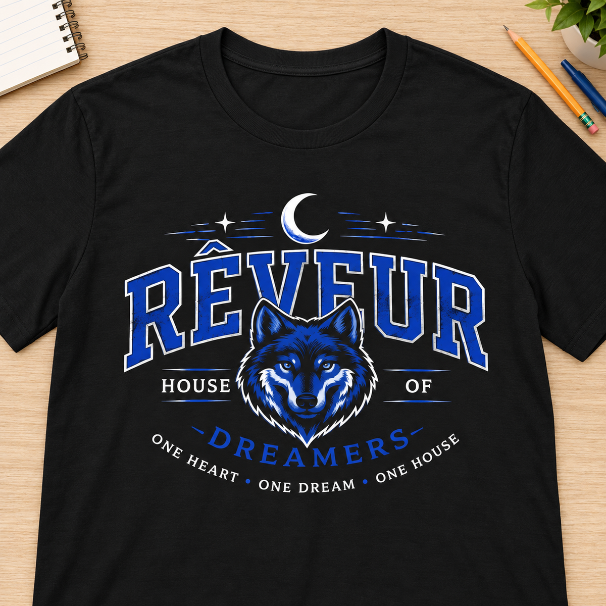 Ron Clark Reveur Wolf T-Shirt — layflat lifestyle mockup