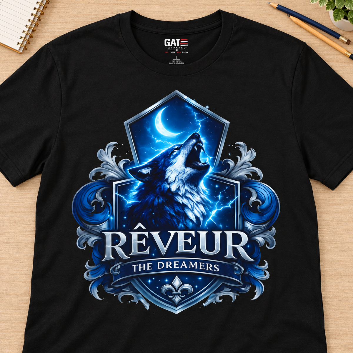 Ron Clark Reveur Shield T-Shirt — layflat lifestyle mockup