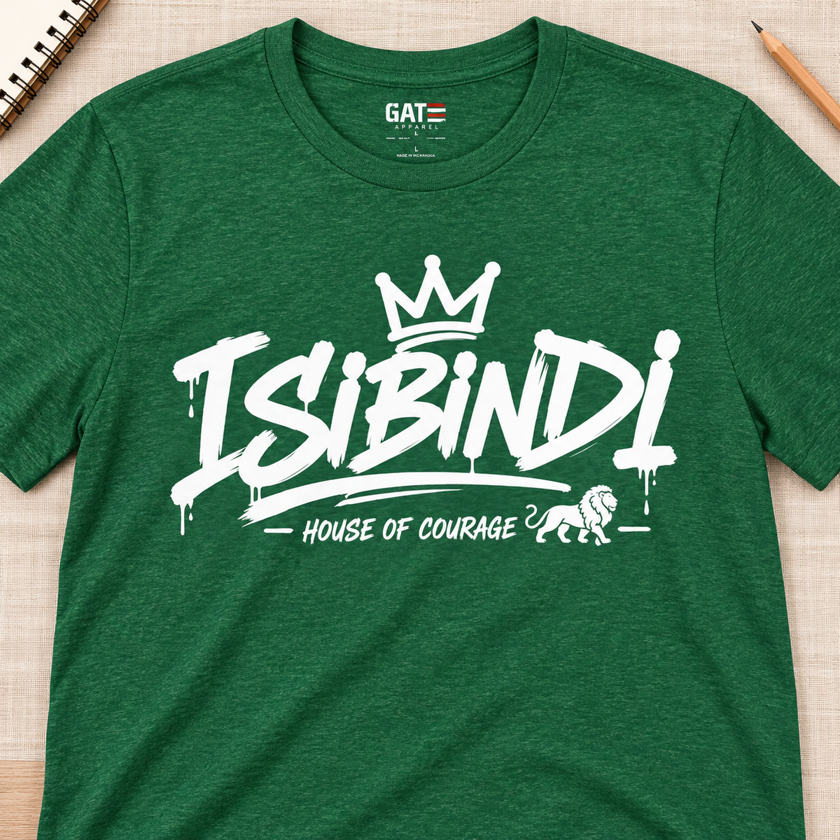 Ron Clark Isibindi Script T-Shirt — layflat lifestyle mockup