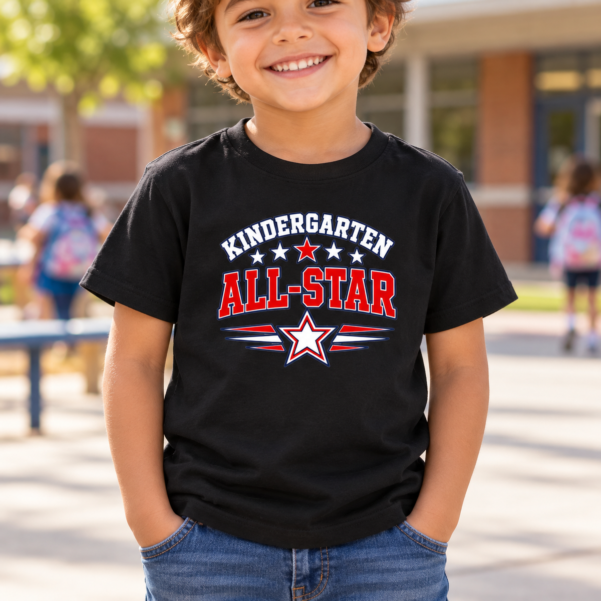 Personalized K–5 All-Star Kids T-Shirt — worn lifestyle mockup