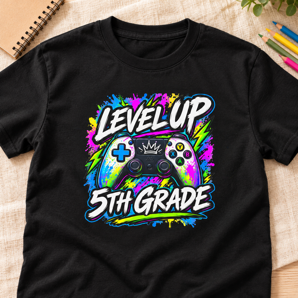 Personalized K–5 Level Up Gamer Kids T-Shirt — layflat lifestyle mockup