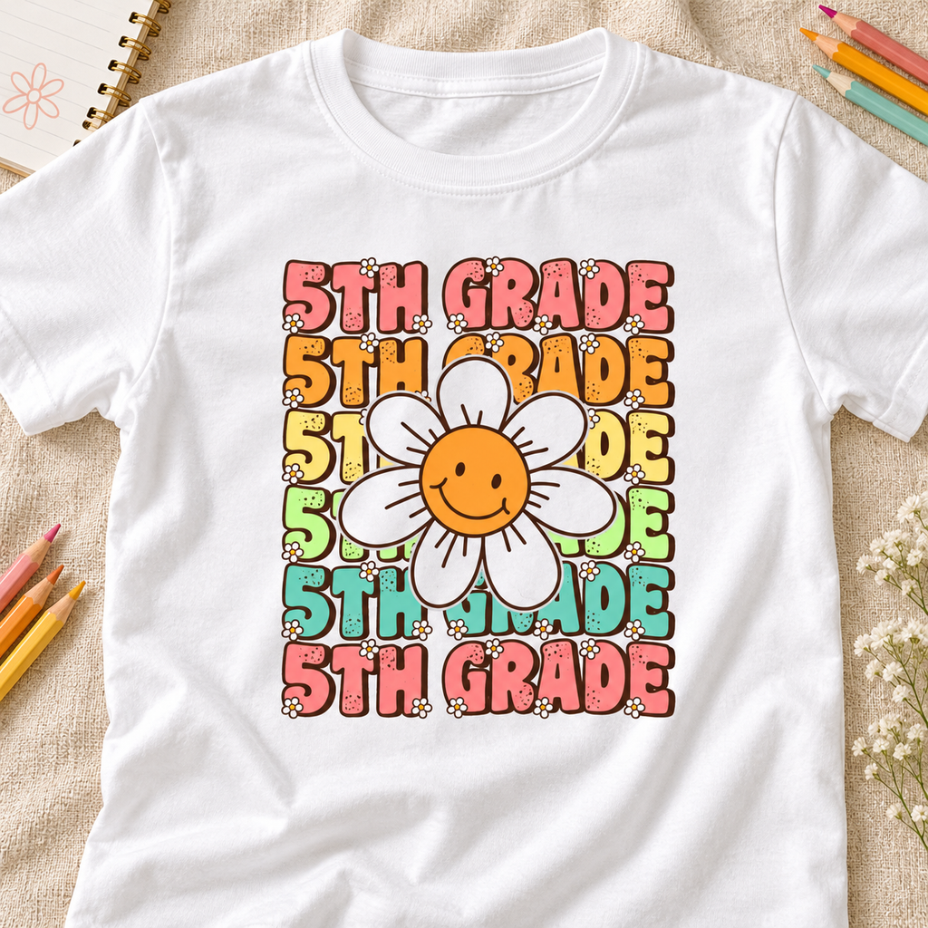 Custom Grade Level Retro Daisy Kids T-Shirt — layflat lifestyle mockup