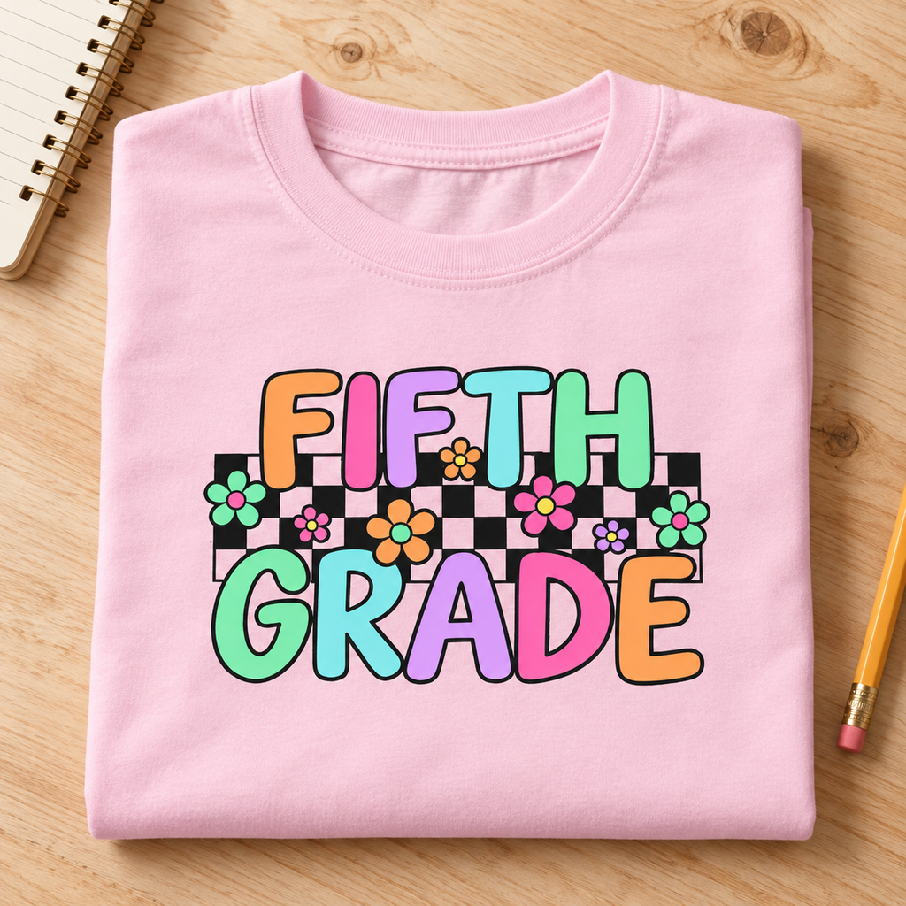 Custom Grade Level Checkered Floral Kids T-Shirt — folded lifestyle mockup