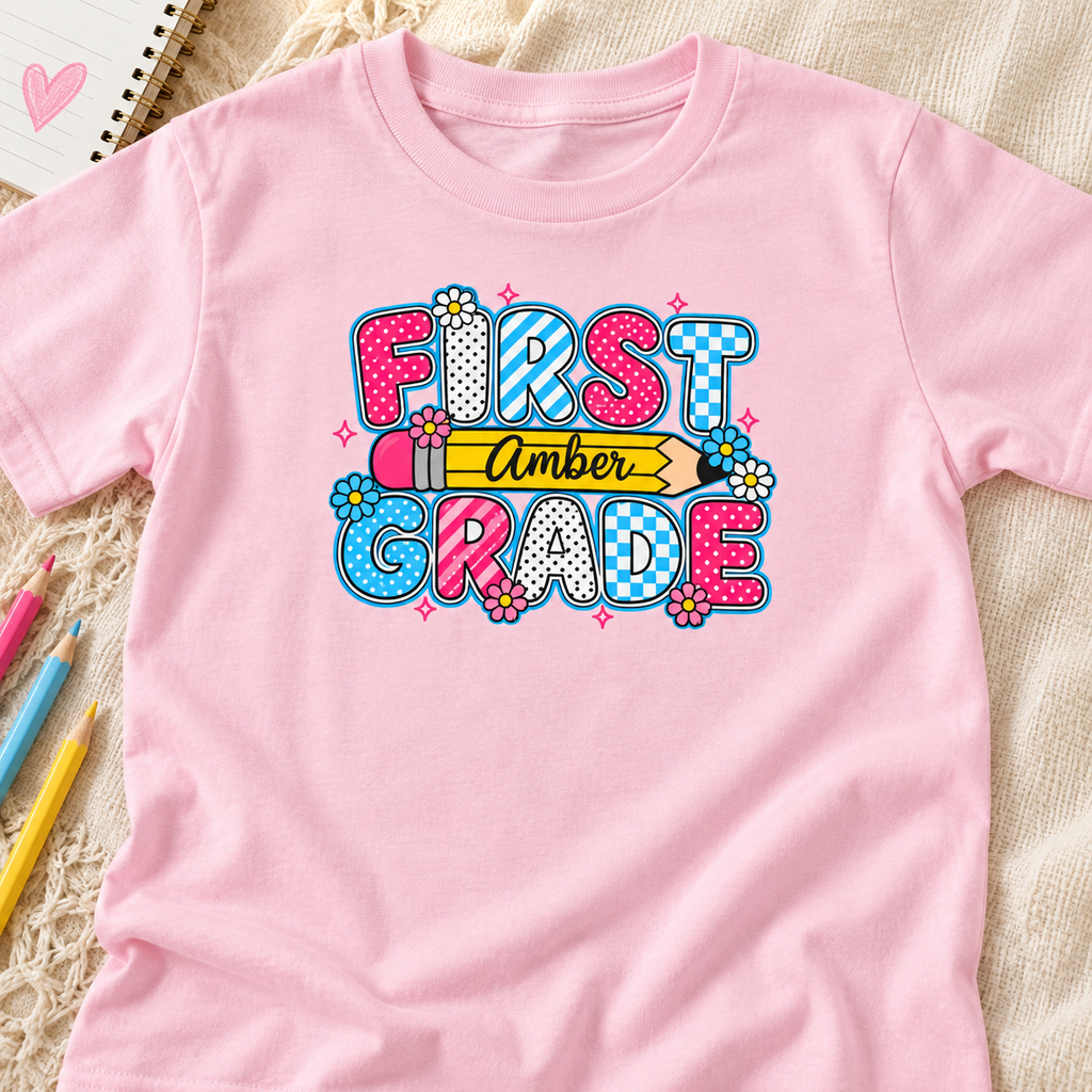 Personalized Grade Level & Name Kids T-Shirt — layflat lifestyle mockup