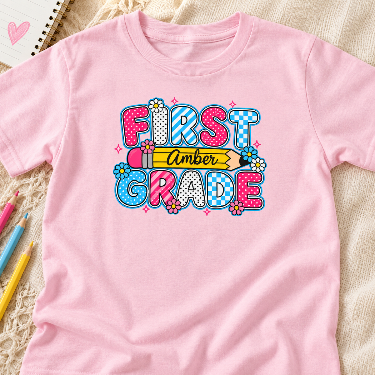 Personalized Grade Level & Name Kids T-Shirt — layflat lifestyle mockup