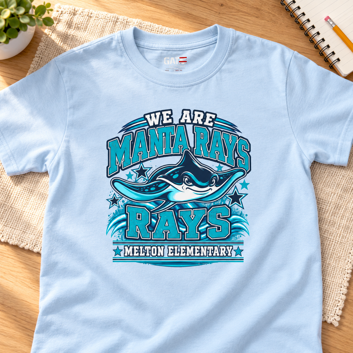 Melton Kids We Are Manta Rays T-Shirt — layflat lifestyle mockup