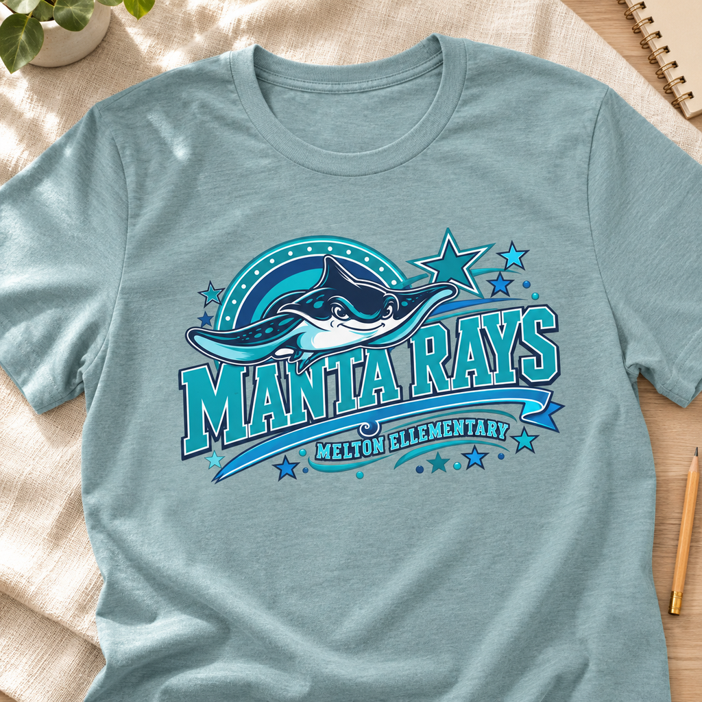 Melton Manta Rays Retro Ocean T-Shirt — layflat lifestyle mockup