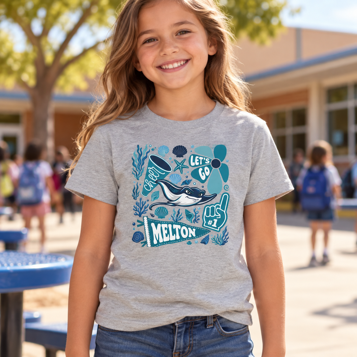 Melton Blue Ocean Surf Kids T-Shirt — worn lifestyle mockup