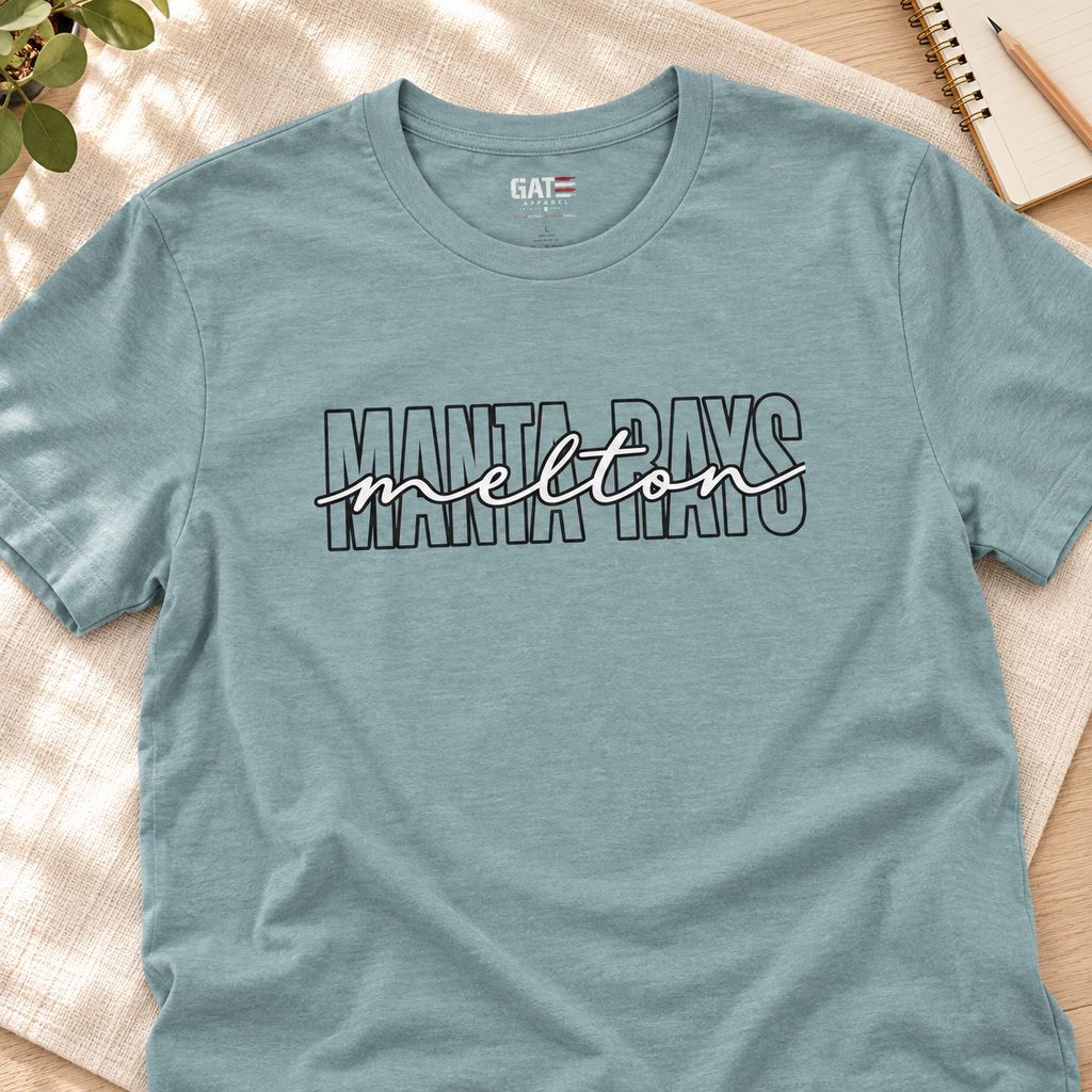 Melton Elementary Script Shirt | School Spirit Tee — layflat lifestyle mockup