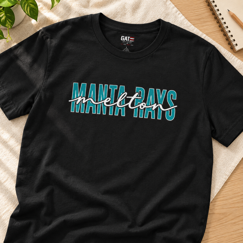 Melton Elementary Teal Script Shirt | School Spirit Tee — layflat lifestyle mockup