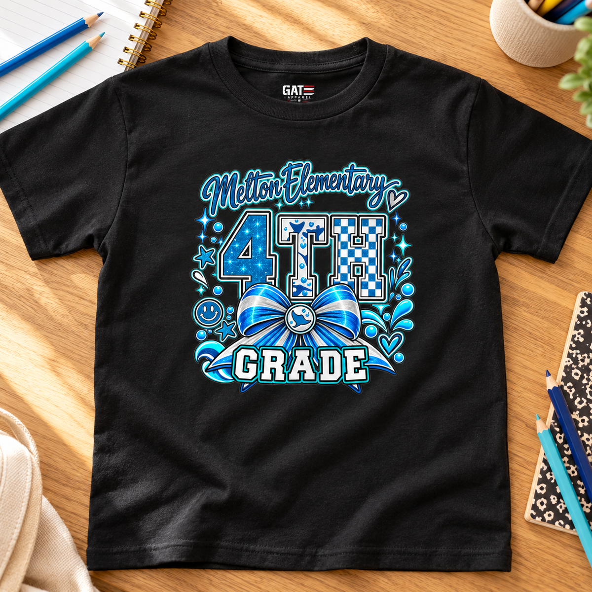 Melton 4th Grade Kids Ribbon Shirt | School Tee — layflat lifestyle mockup