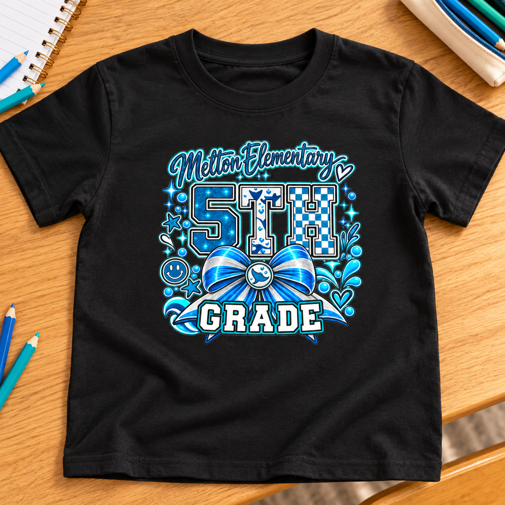 Melton 5th Grade Kids Ribbon Shirt | School Tee — layflat lifestyle mockup