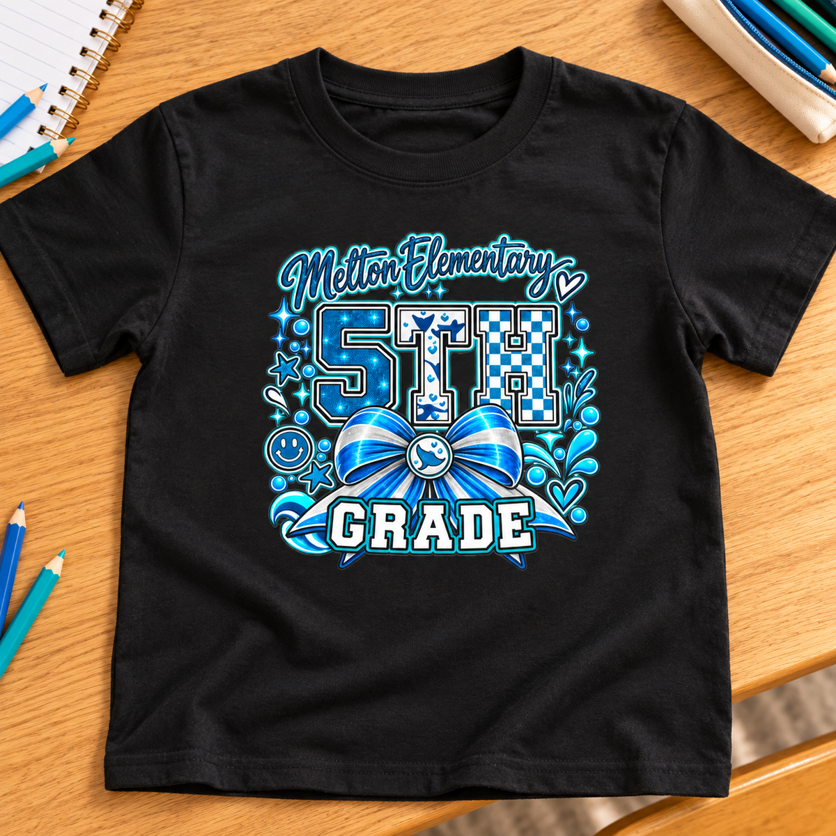 Melton 5th Grade Kids Ribbon Shirt | School Tee — layflat lifestyle mockup