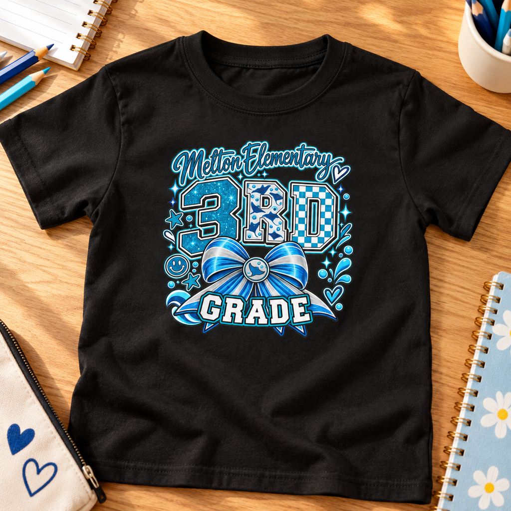 Melton 3rd Grade Kids Ribbon Shirt | School Tee — layflat lifestyle mockup
