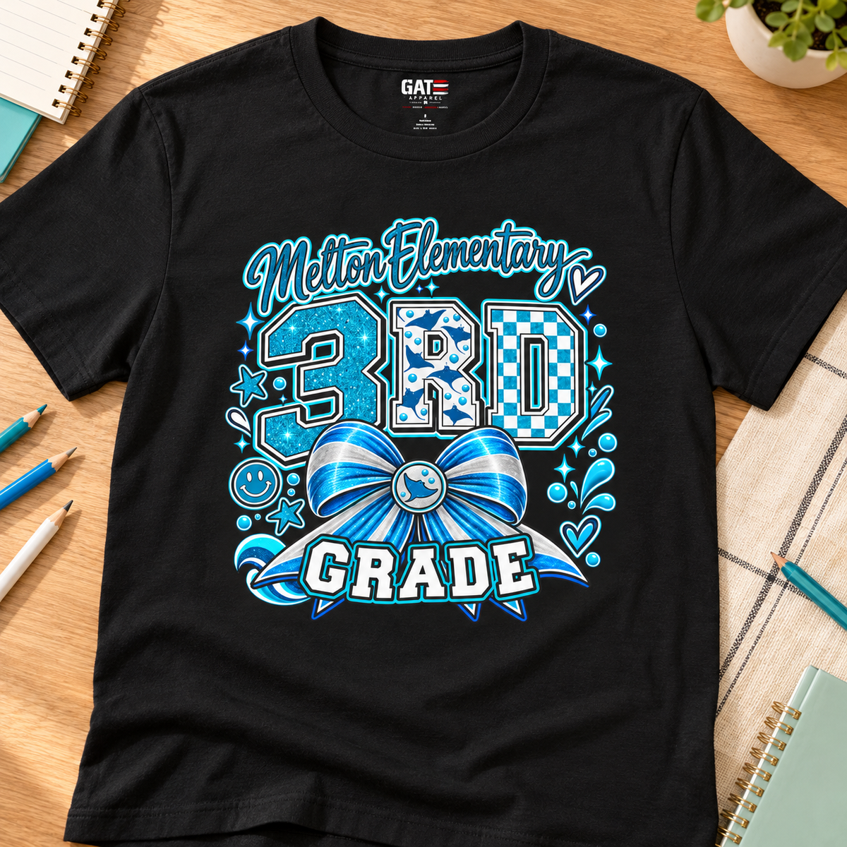 Melton 3rd Grade Bow Shirt | Elementary School Tee — layflat lifestyle mockup