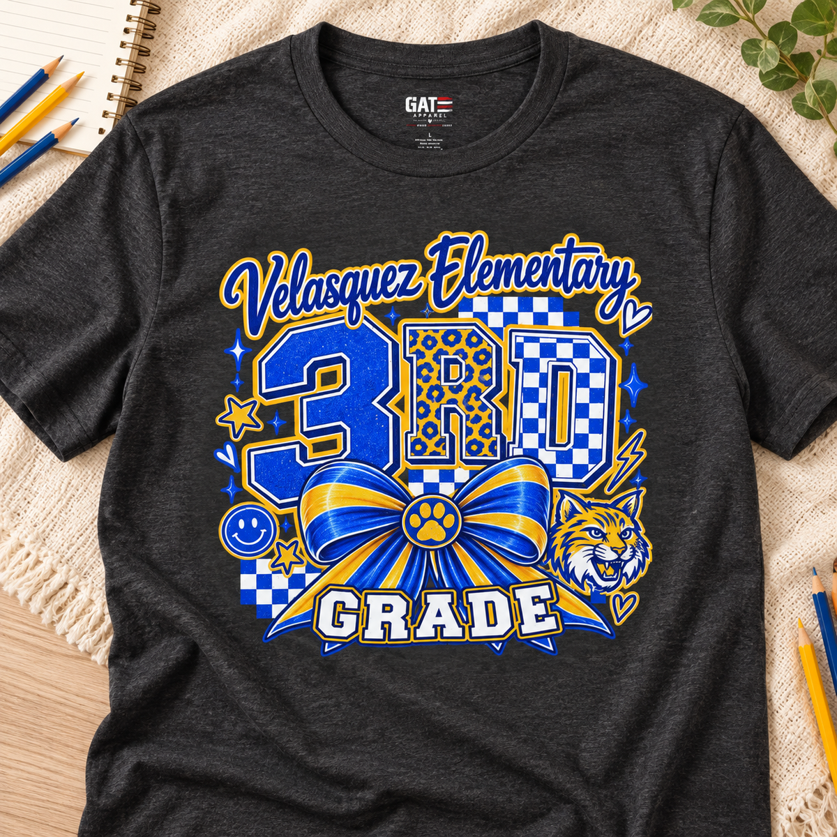 Personalized School Bow Shirt | Custom School Spirit Tee — layflat lifestyle mockup