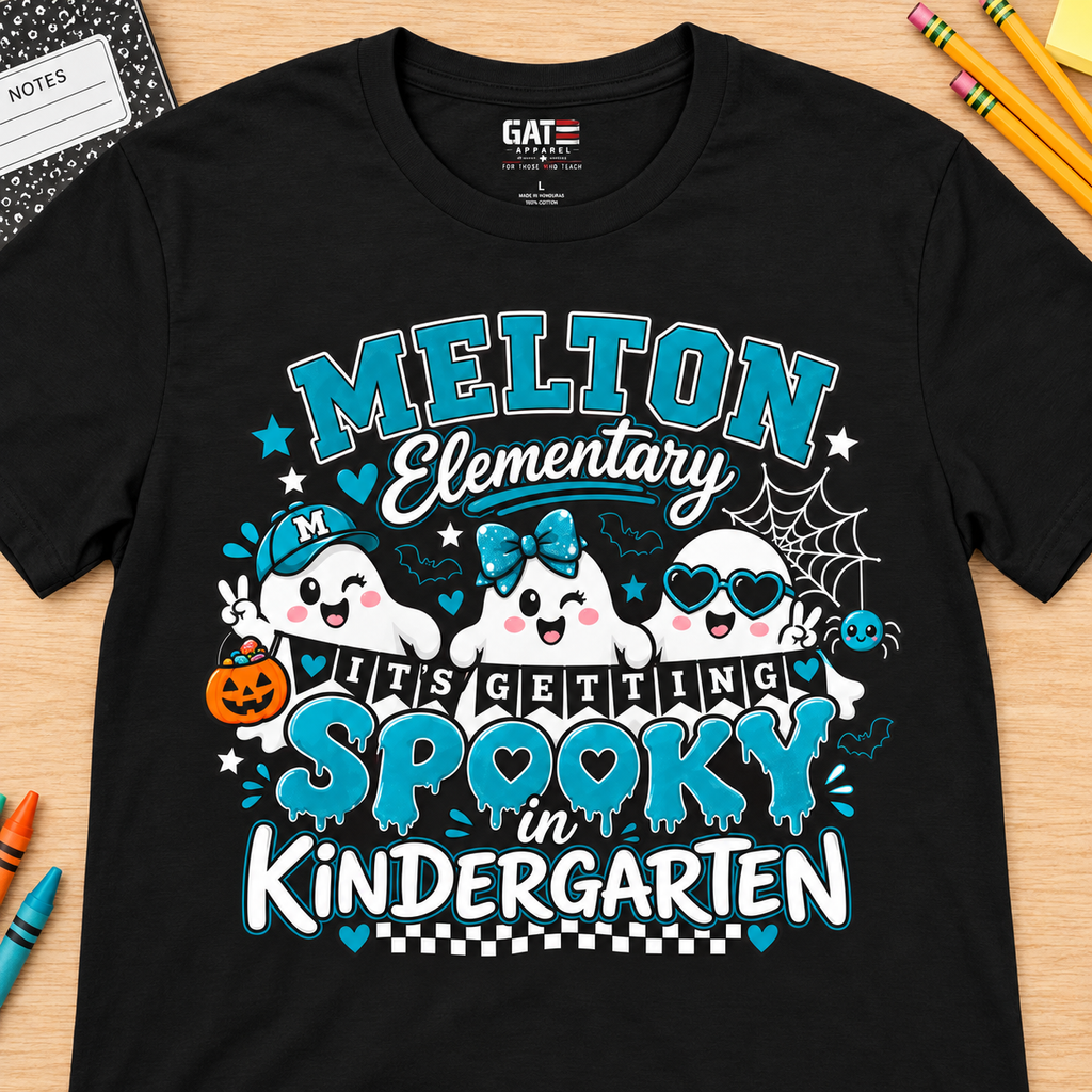 Melton Kindergarten Spooky Halloween T-Shirt — layflat lifestyle mockup