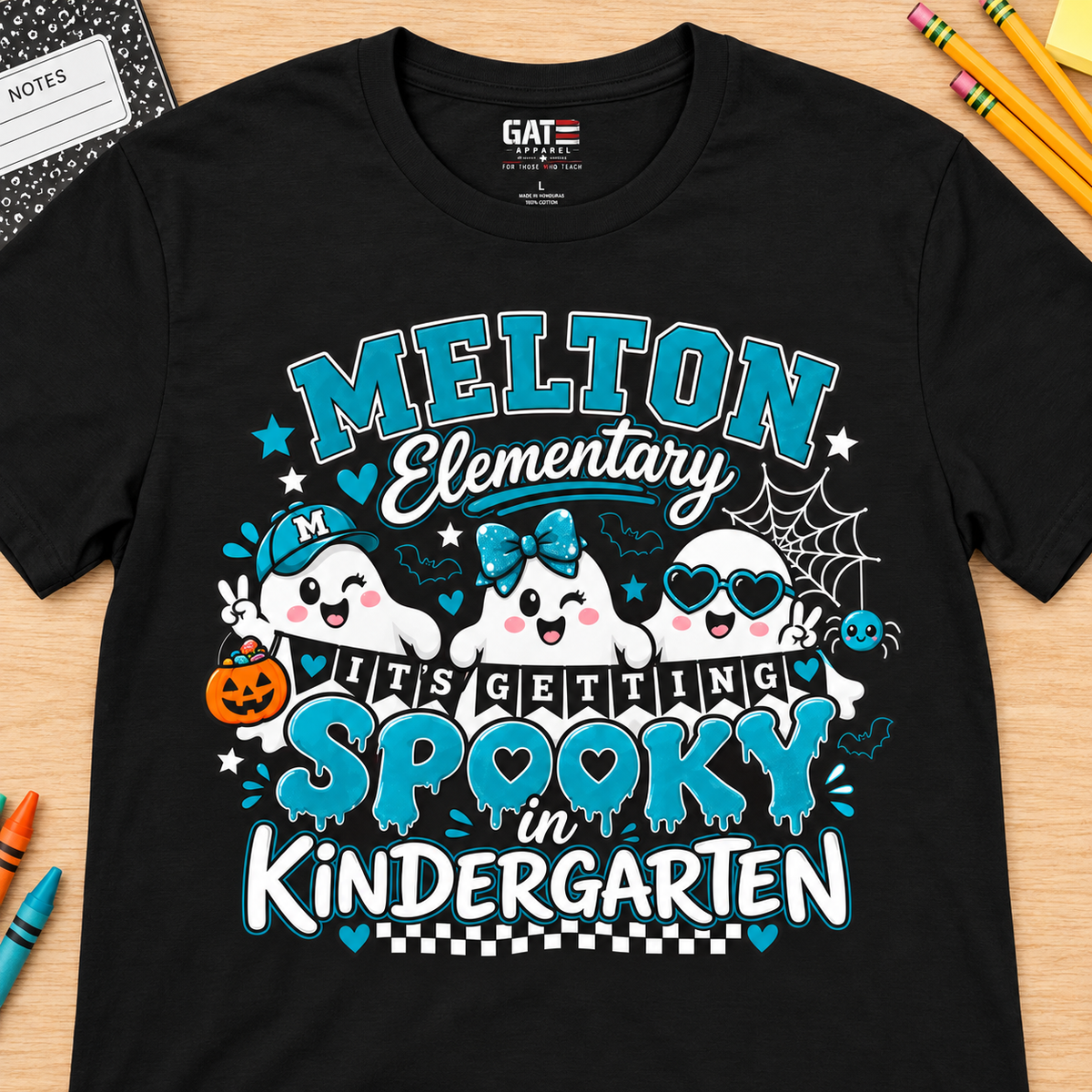 Melton Kindergarten Spooky Halloween T-Shirt — layflat lifestyle mockup