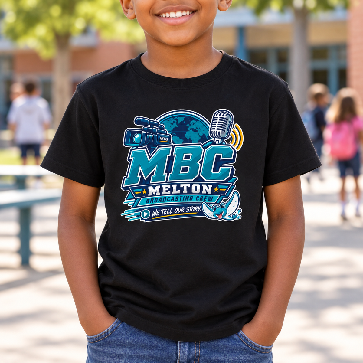 Melton Elementary Broadcasting Crew Kids Shirt — worn lifestyle mockup