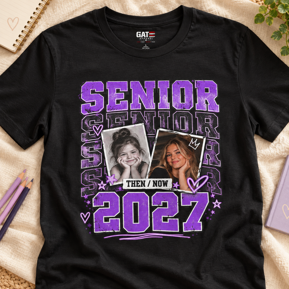 Senior 2027 Then & Now Yearbook Photo Shirt — layflat lifestyle mockup