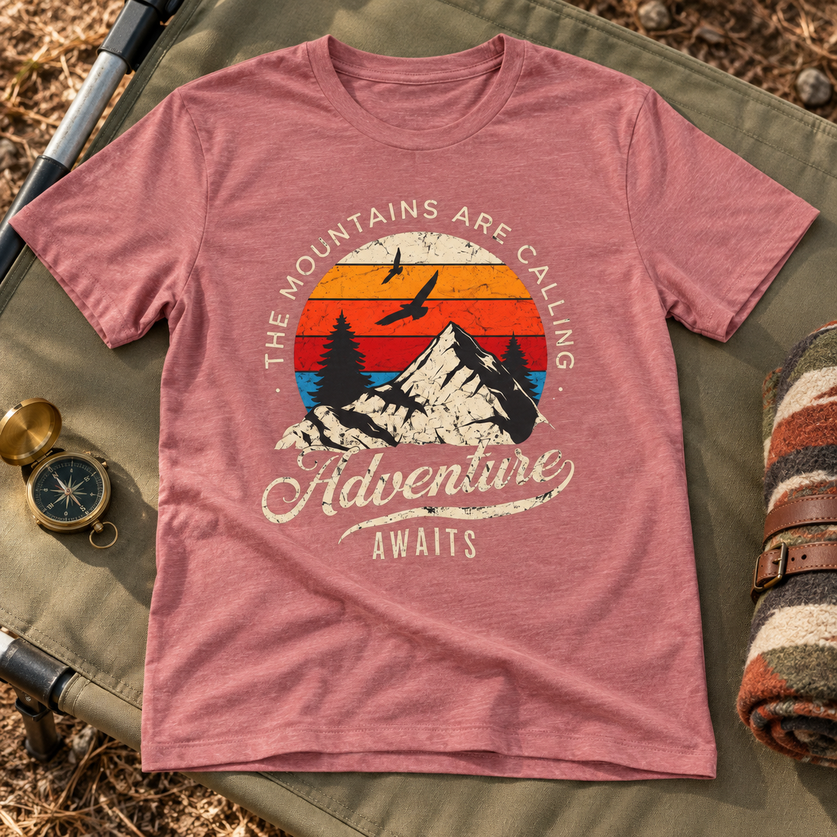 The Mountains Are Calling Adventure Shirt | Hiking Camping Tee — zoomed-in lifestyle flat lay