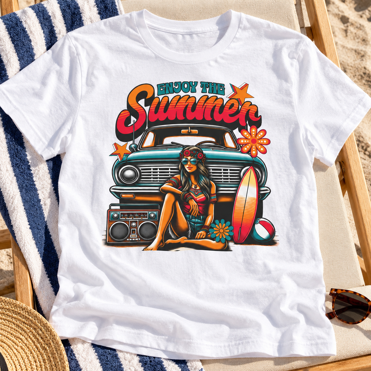 Enjoy the Summer Retro Beach Shirt | Groovy Vacation Tee — zoomed-in lifestyle flat lay