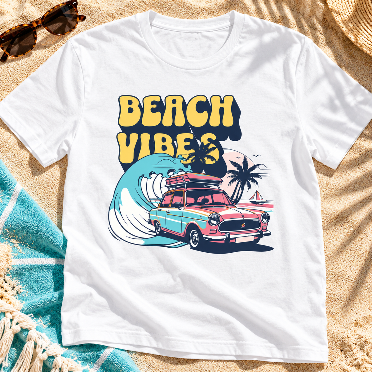 Beach Vibes Retro Summer Shirt | Coastal Vacation Tee — zoomed-in lifestyle flat lay