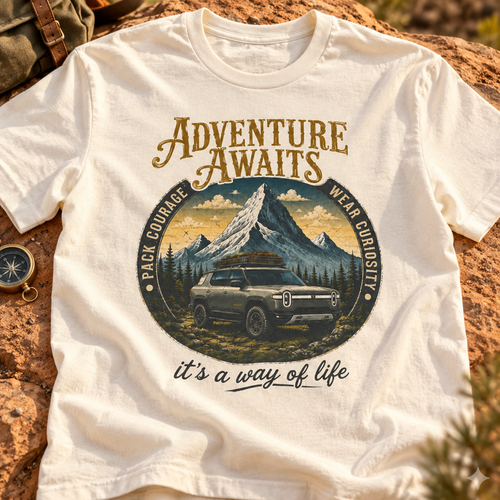 Adventure Awaits Rivian Shirt — zoomed-in camping lifestyle flat lay