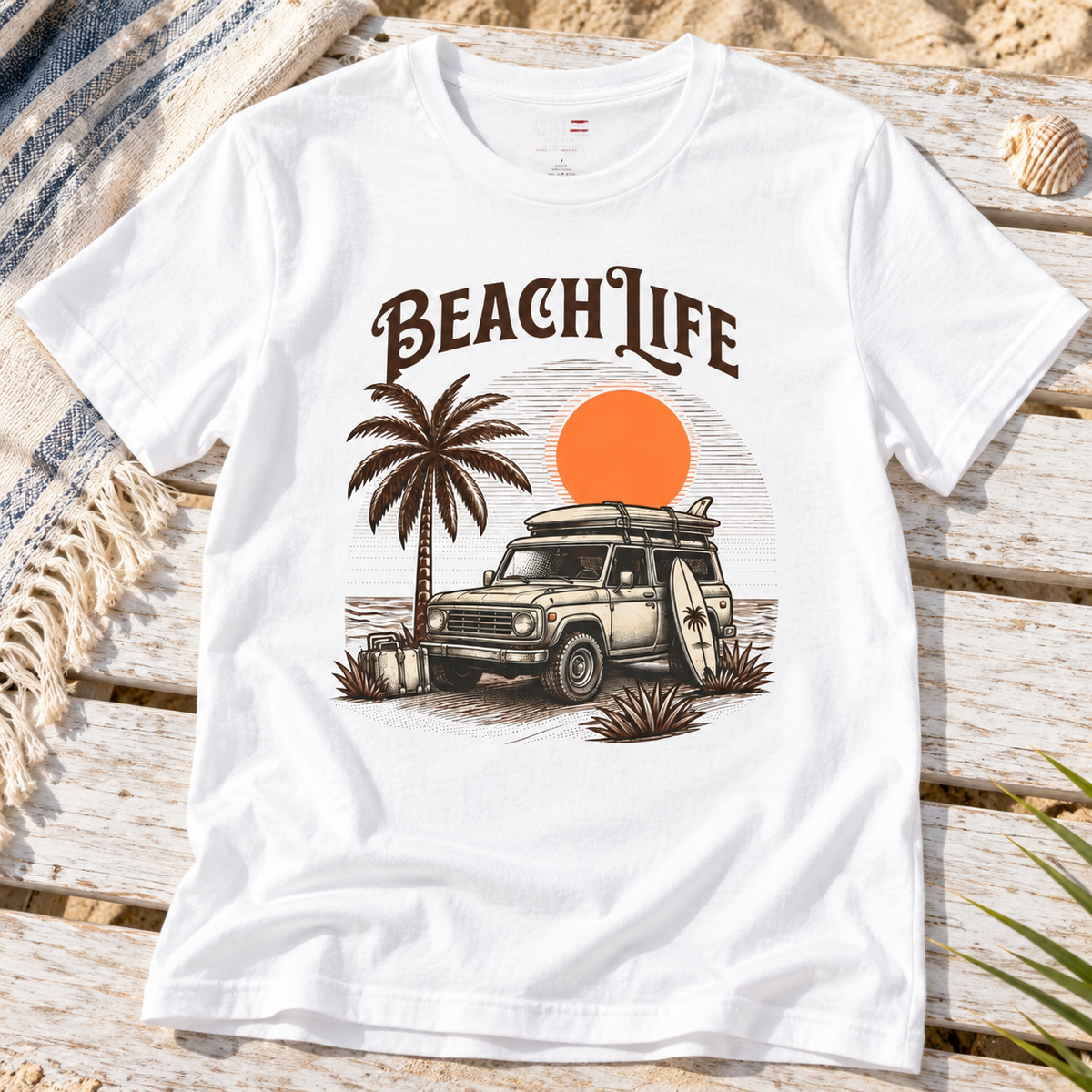 Beach Life Vintage SUV Shirt | Retro Surf Adventure Tee — zoomed-in lifestyle flat lay