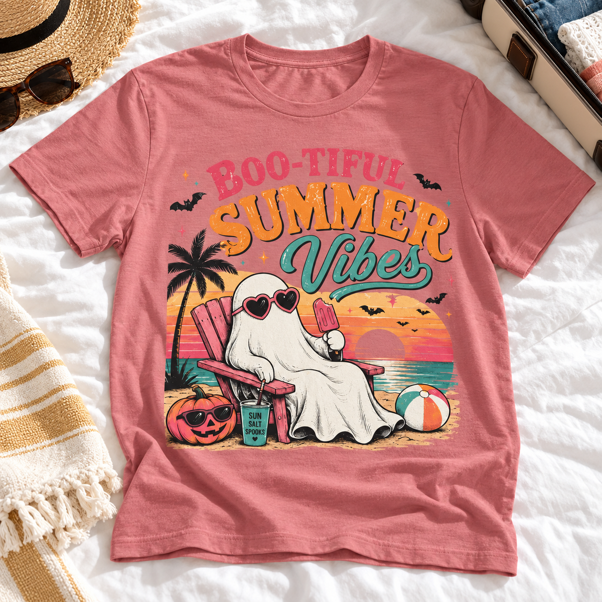 Summerween Spooky Beach Shirt | Tropical Ghost Tee Style 2 — zoomed-in lifestyle flat lay