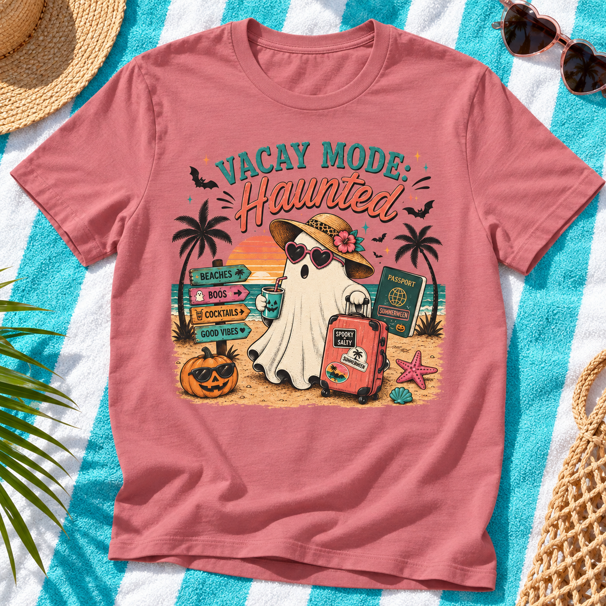 Summerween Spooky Beach Shirt | Tropical Ghost Tee Style 3 — zoomed-in lifestyle flat lay