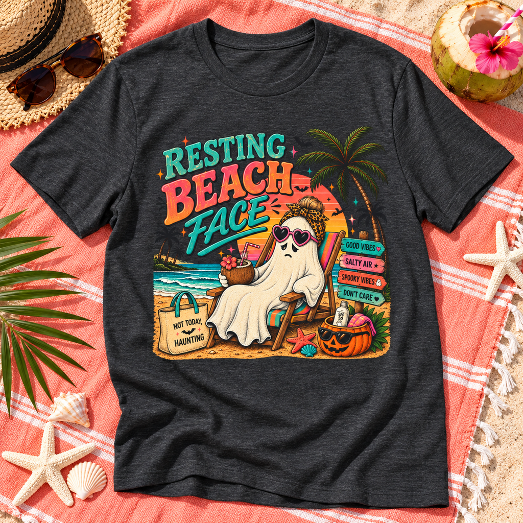 Summerween Spooky Beach Shirt | Tropical Ghost Tee Style 4 — zoomed-in lifestyle flat lay