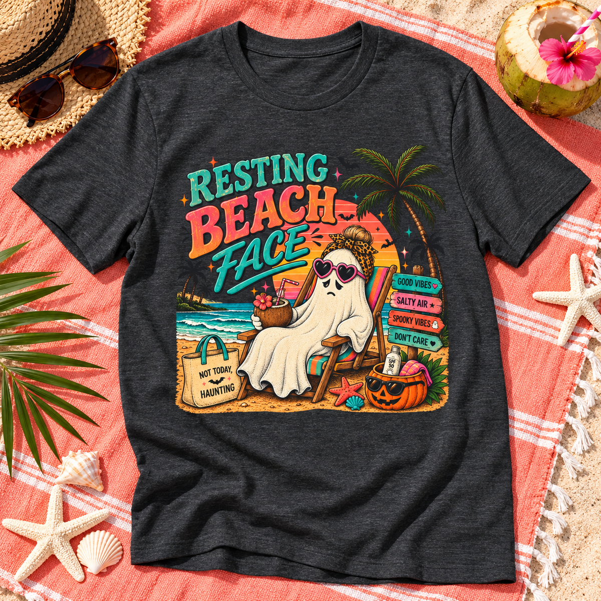 Summerween Spooky Beach Shirt | Tropical Ghost Tee Style 4 — zoomed-in lifestyle flat lay