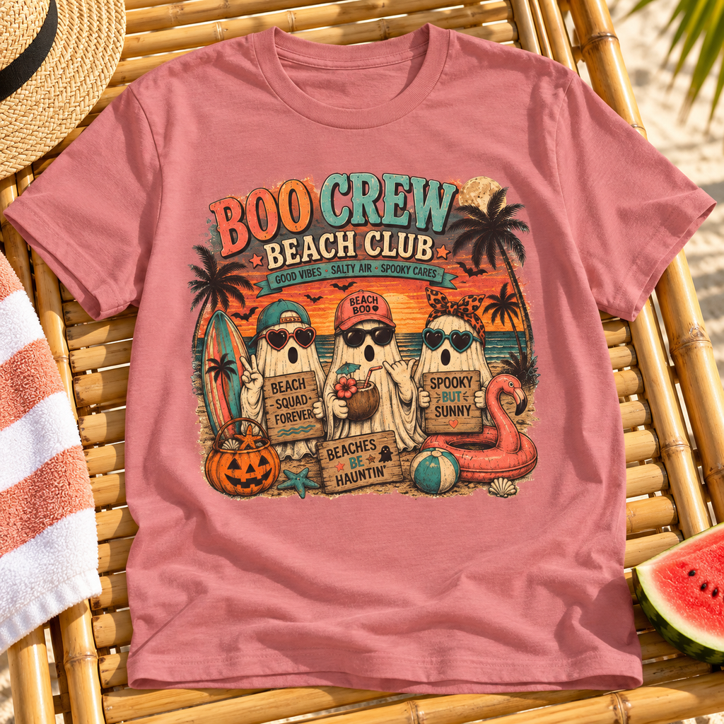 Summerween Spooky Beach Shirt | Tropical Ghost Tee Style 5 — zoomed-in lifestyle flat lay