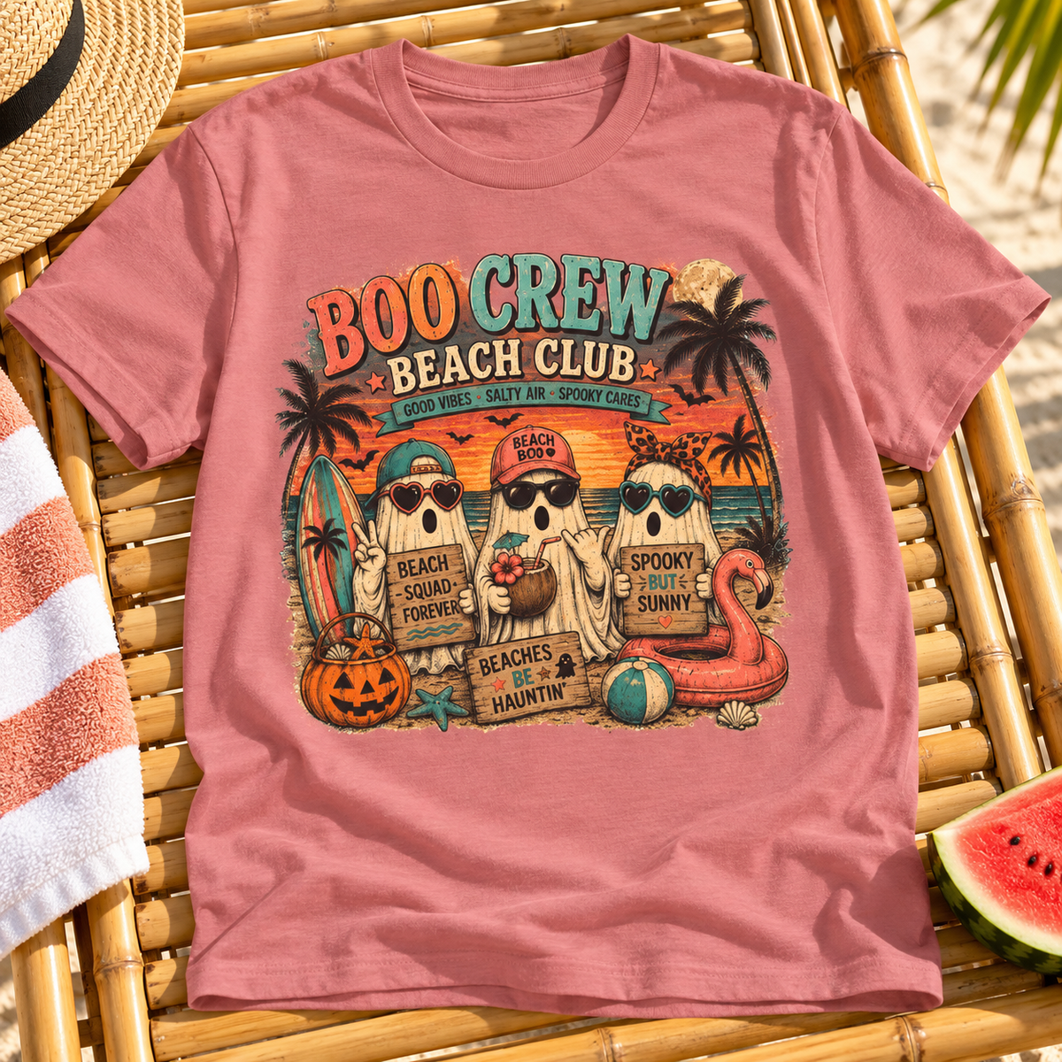 Summerween Spooky Beach Shirt | Tropical Ghost Tee Style 5 — zoomed-in lifestyle flat lay