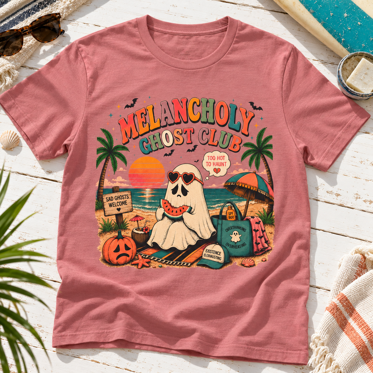 Summerween Spooky Beach Shirt | Tropical Ghost Tee Style 6 — zoomed-in lifestyle flat lay